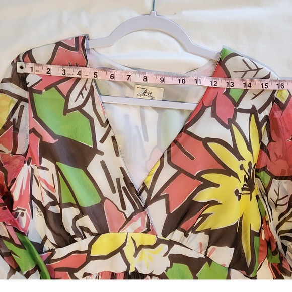 Milly Floral Print Dress Sheer Long Sleeve V Neck Multicolor Size S - Picture 5 of 9